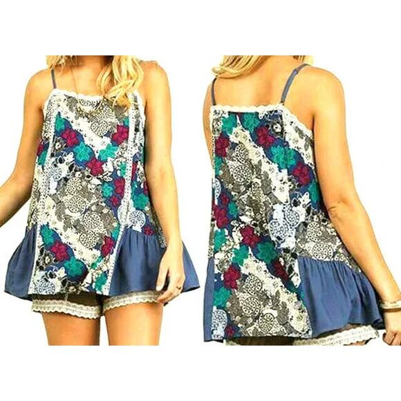 Umgee Tops - Umgee Top Size S White Lace Blue Floral Daisy Tank Relaxed Tunic Womens Shirt
